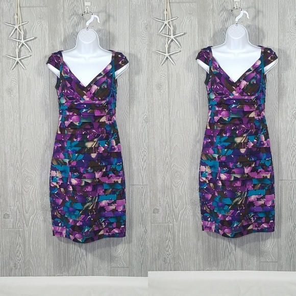 Adrianna Papell Dress Size 4 Multi Color Tiered Pleated Floral Sheath Cocktail - Picture 9 of 9